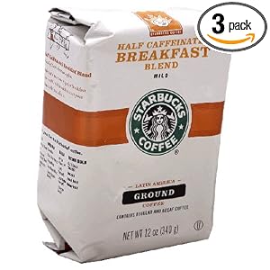 Starbucks Half Caffeinated Breakfast Blend Coffee (Mild), Ground, 12-Ounce Bags (Pack of 3)