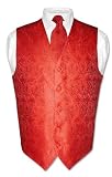 Covona Men's Solid RED Paisley Design Dress Vest NeckTie Set for Suit or Tuxedo