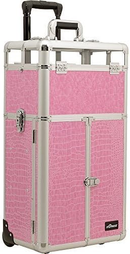 SUNRISE Nail Polish Organizer Case on Wheels 2 in 1 I31065, 54 Bottle Capacity, French Doors, 4 Drawers, Locking with Mirror, Pink Crocodile by SunRise