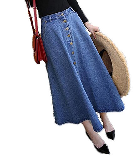 ロイヤルパイン（Royal Pine) 前 ボタン ロング 丈 Aライン デニム スカート キレイ フレア エレガント シルエット インポート / 2色 3サイズ