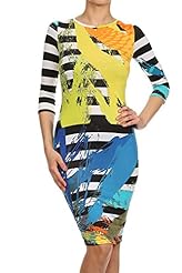 Striped Print Knee Length Round Neck Bodycon Dress  with a Brush/Sweep Train 