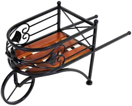Entrada Collection Small Wooden and Metal Wheelbarrow Plant Stand, Black, Metal
