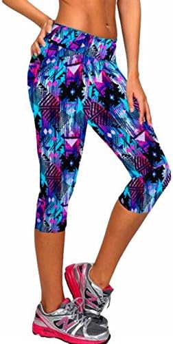 Women's Print Active Workout Capri Leggings Tights Yoga Pants(Blue,L)