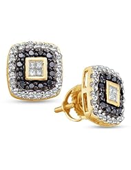 14K Yellow and White Two 2 Tone Gold Princess Cut Black and White Diamond - Cross Shape Halo Invisible & Channel Set Studs Earrings with Secure Screw Back Closure - (1/2 cttw.)