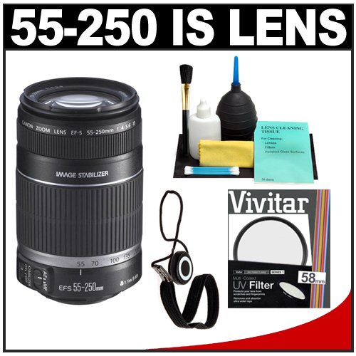 Canon EF-S 55-250mm f/4.0-5.6 IS Telephoto Lens + UV Filter + Accessory Kit for Digital Rebel XS, XSi, XT, XTi, XSi, T1i, EOS 30D, 40D, 50D & 7D Digital SLR Cameras