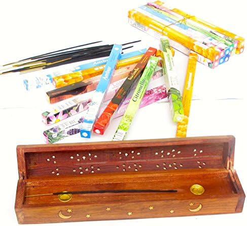 Incense Gift Set, Twelve Elegant Incense Packs with Coffin Wood Box, Fever Have Jasmine, Green Tae, Citronella, Frankincense, Lotus, Patchouli Vanilla, Moon, Love,......,gift of Meditation, Serenity and Peace