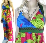 Ladies Long Maxi Halterneck Green and Red Dress Sizes 8 10 12 14 16