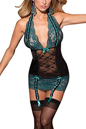 Xilins Women's Sexy Halter Lingerie Sheer See-through Nightdress Uniform Pajamas Green M