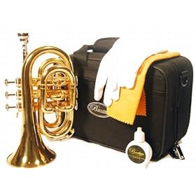 Barcelona Bb Pocket Trumpet with Case, Polishing Cloth, Gloves, and Valve Oil - Gold