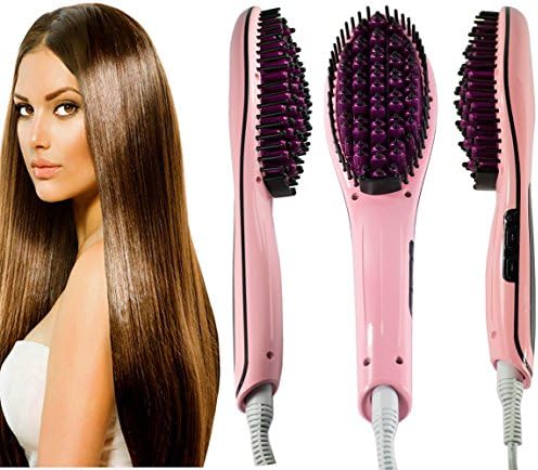 Wave Of Beauty LCD Hair Straightening Brush, LED Straightener Evenly Heated Professional Ceramic Iron Style Brush, Detangles, Straightens and Massages in Just 30-60 Seconds (Pink/Black+Purple TIps)