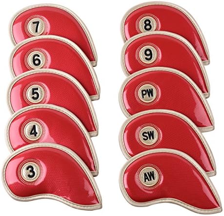 (Pack of 10 Pcs) MAXZOLA PU Leather Golf Iron Head Covers,Velcro,New Design for All Brands,Waterproof PU Leather and Fashion Design (Red)