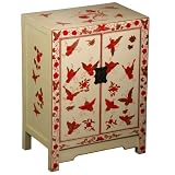 EXP Handmade Asian Furniture - 33" White, Red & Gold Butterfly & Peony Storage Cabinet / End Table