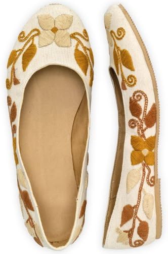 Guie Shoes Autumn Blossom Hand Embroidered Ballet Flats (6, Beige)