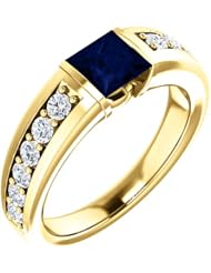18K Yellow Gold 5.00x5.00mm Princess Cut Chatham Created Sapphire and Diamond Ring -- LIFETIME WARRANTY