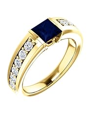10K Yellow Gold 5.00x5.00mm Princess Cut Chatham Created Sapphire and Diamond Ring -- LIFETIME WARRANTY