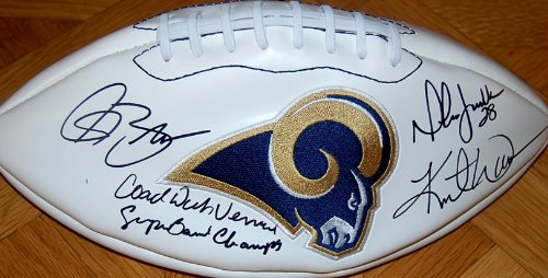 St. Louis Rams Bruce, Vermeil, Warner & Faulk Autographed / Signed Logo Football