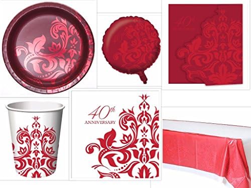 Creative Converting Ruby 40th Anniversary Party Supplies Pack Including Plates, Napkins, Cup, Tablecover, Foil Balloon and Invitations