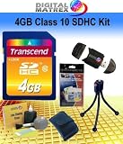 Transcend 4GB SDHC Class 10 Starter Kit. Kit Includes Transcends ULTRA High-Speed Class 10 SDHC card with LIFETIME WARRANTY, Tabletop bendable Wire Tripod, SD/SDHC USB Card Reader/Writer, LCD Protection Film Kit, Lens cleaning Kit and Memory Card wallet.