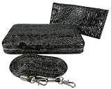 Moc Croc Thick Fatty Flat Clutch Womens Wallet w/ Matching Checkbook Cover and Shoulder Strap (TW-FWA974-BK)