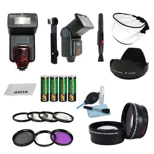 Essential Kit for NIKON (D5100 D5000 D3100 D3000 D40 D60 D80 D7000) - Includes: 0.45x Wide Angle + 2.0X Telephoto High Definition Lenses + Dedicated and Slave Flashes + Filter Set (UV, Polarizing, Fluorescent) + Macro Close Up Set (+1 +2 +4 +10) + Flower Lens Hood + 4 Pcs Deluxe Cleaning Kit + Premium Goja Microfiber Cleaning Cloth