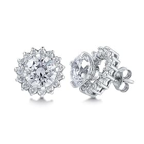Sterling Silver Earrings Round CZ Stud Earrings With Removable Flower Petal - Ideal Gift For Mother Day, Anniversary, Engagement, Wedding, Birthday, For Her