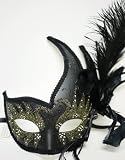 (L) Masquerade Ball Feather Mask in Black w/ Bright Gold Swan Pattern Flashing Trim Decor