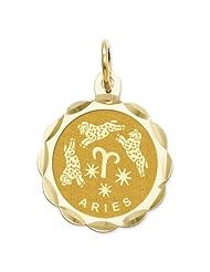 14k Yellow Gold Satin Polished Engravable Aries Zodiac Scalloped Disc Pendant