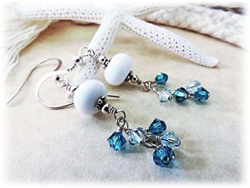 Lampwork and Crystal Sterling Silver Cascade Dangle Earrings in Teal and White