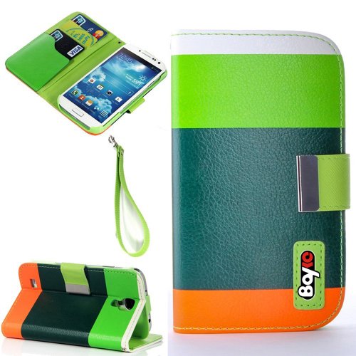 Bayke Brand / Samsung Galaxy S4 Mini (MINI ONLY) I9190 Fashion Designer Colorful PU Leather Wallet Case with Strap with Stand with Magnetic Clip Credit Card Slots & Holder (Green+Dark Green+Orange)