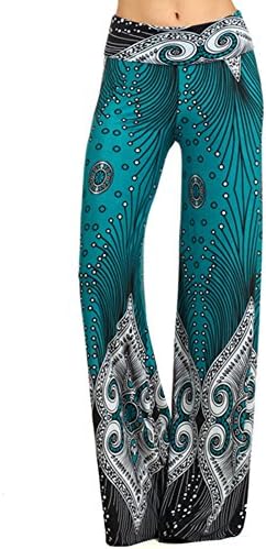3232 Tribal print, knit palazzo pants with a high fold-over waist and a wide leg