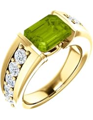 10K Yellow Gold 9.00x7.00mm Emerald Cut Peridot and Diamond Ring -- LIFETIME WARRANTY