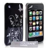 Yousave Accessories TM Stilvoll Schmetterling Blumen Hart Hybride Schutzhülle Für Das Apple iPhone 3 / 3G / 3GS Schwarz Silber Mit Displayschutz Film Und Graues Micro Faser Poliertuch
