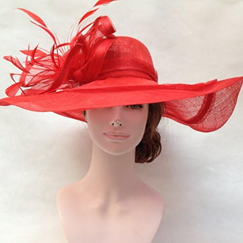 Church Kentucky Derby Wedding Wide 6"+ Brim Floppy Feathers Net Floral Hat Red