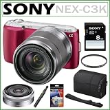 Sony Alpha NEX-C3K 16 MP Compact Interchangeable Lens Digital Camera in Pink with Sony SEL1855 18-55mm Zoom Lens and SEL16F28 16mm Wide-Angle Lens + Sony 8GB SDHC + Hoya Lens Filter + Sony Case + Accessory Bundle