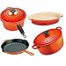Le Creuset 4 Piece Set 26cm Cast Iron Round Grillit, 20cm Round Cast Iron Casserole, 18cm Cast Biron Saucepan, 28cm Oval Stoneware Dish in Volcanic