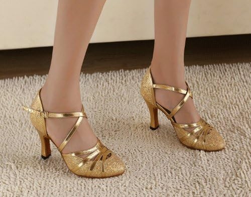 Abby Q-6134 Womens Litin Shoes Ballroom Dance 2.4''/3.3" Flared Heel Shoes Gold US Size10