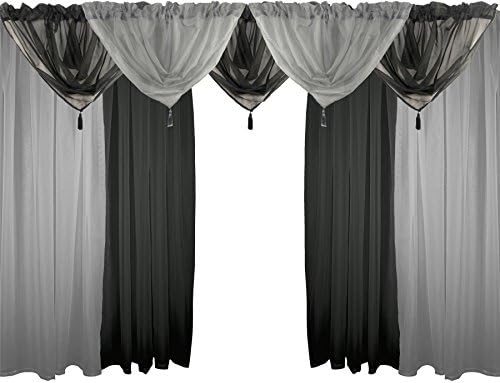 SILVER &amp; BLACK 9 PIECE VOILE SET 54" 137CM ROD POCKET CURTAINS DRAPES &amp; SWAGS
