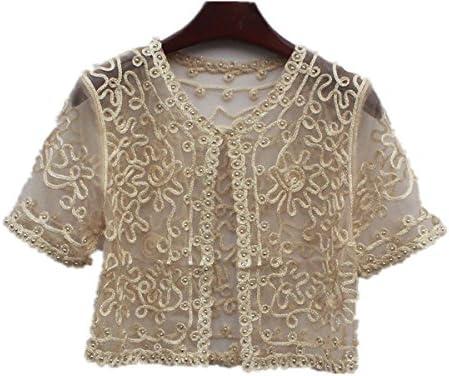 Women's Lace Chiffon Short Sleeve Cropped Open Shrug Bolero Cardigan --Santwo Brand (M, nude)