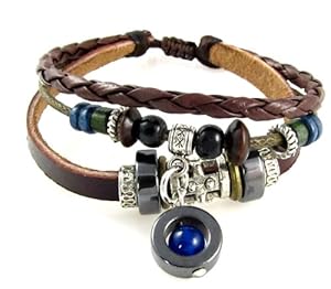 Blue Bead Three Strand Brown Leather Zen Bracelet, Adjustable for Men and Women, in Gift Box