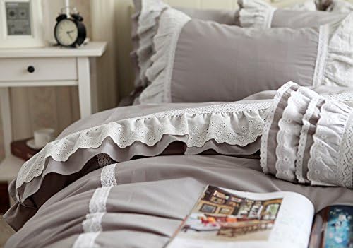 4pcs Luxury and Elegant Grey Lace & Ruffle Cotton Duvet Cover Bedding Set201448 (Queen)