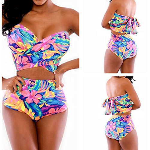Women's Summer High Waisted Spandex Blue Flower Print Bikini Swimwear Swimsuit