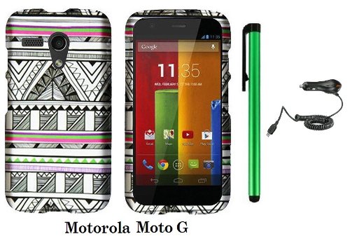 Motorola MOTO G (VERIZON, BOOSTMOBILE) Premium Pretty Design Protector Hard Case Cover + Car Charger + 1 of New Metal Stylus Touch Screen Pen (Antique Aztec Tribal)