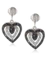 Sterling Silver Black and White Cubic Zirconia Heart Earrings