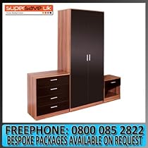 3 Piece Bedroom Set Black High Gloss Walnut Frame Double Wardrobe, Bedside Cabinet, Chest of Drawers