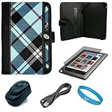 Blue Plaid Executive Melrose Leather Protective Case Cover for Barnes and Noble Nook Color Wireless Reading Device Wi-Fi 7 inch LCD Display Screen + Clear Screen Protector for Barnes and Noble Nook Color + USB Travel Wall Charger + Micro USB Data Cable Cord + SumacLife TM Wisdom Courage Wristband