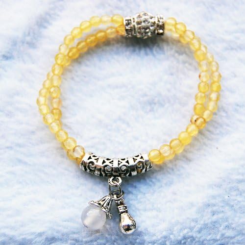 Maya Element Natural Agate 4mm Beads Bracelet Sterling Sliver with Crystal Diamand Light Yellow Mye-030