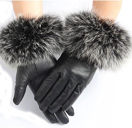 Women Winter Sheepskin Leather Real Fox Fur Cuff Warmer Gloves (L(Palm Size:19-20cm), Black2)