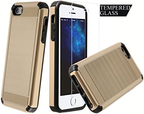 Dual Layer Armor [Free Tempered Glass Screen Protector][ Drop Protection] Full Body Protective Hybrid Case cover for Apple iPhone 5 / 5S / 5SE (Champagne Gold)