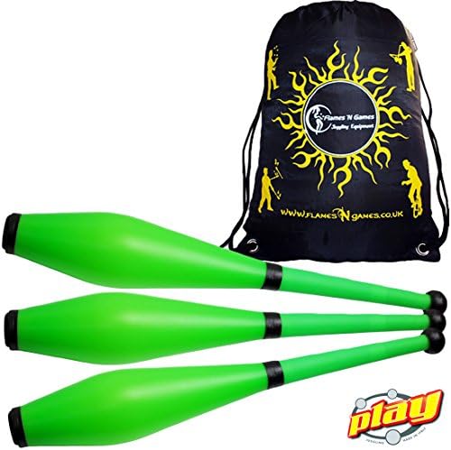 3x Play PX3 SIRIUS Flouro Pirouette Pro Juggling Clubs Set of 3 + Flames N Games Travel Bag! Fluorescent Training Juggling Club Set For Beginners & Advanced Jugglers! (Green)