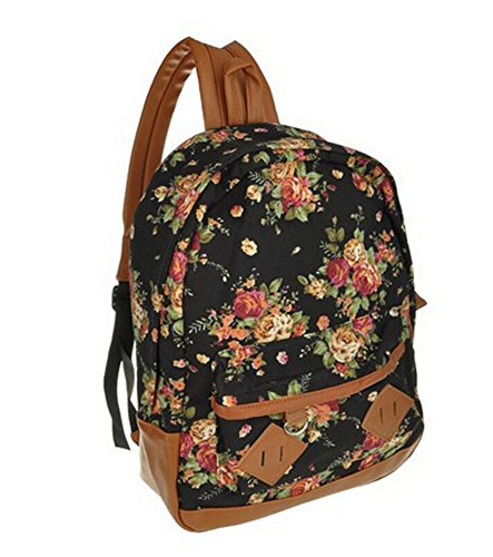 Backapck Women girl lady Fashion Vintage Cute Flower School Book Campus Bag Backpack Color : Black BB 05